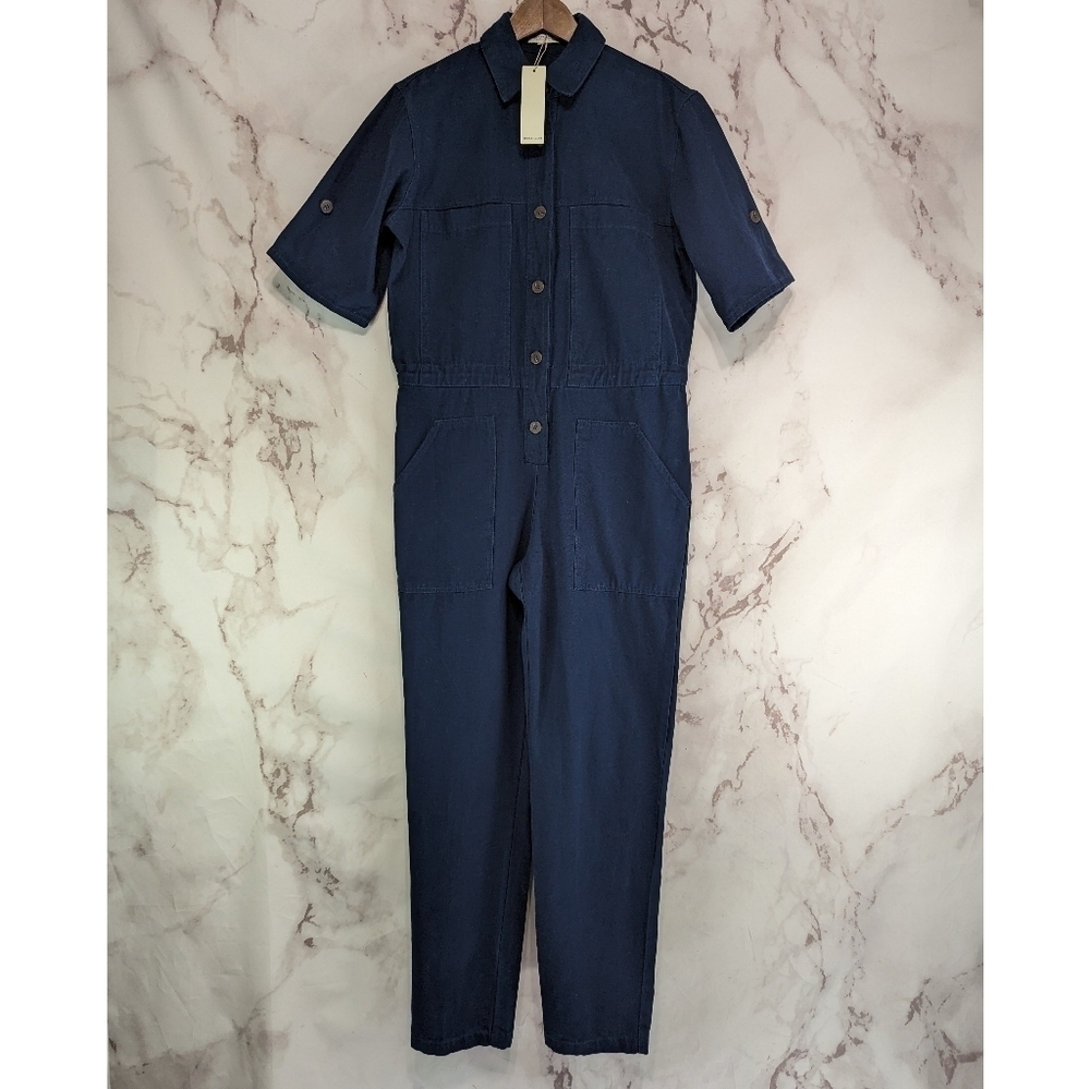Roolee Jumpsuit Womens Small Navy Blue Coveralls Button Up Collared Straight Leg